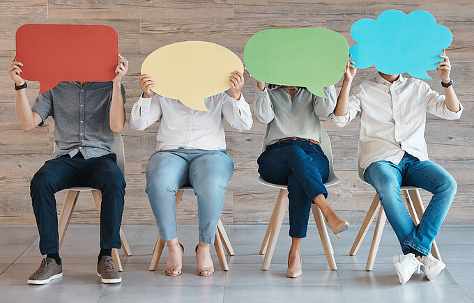 Diversity, opinion and poster with speech bubble thinking about news poll vote on review board. Team with social media mock up advertising boards of communication icon, cloud or billboard to network