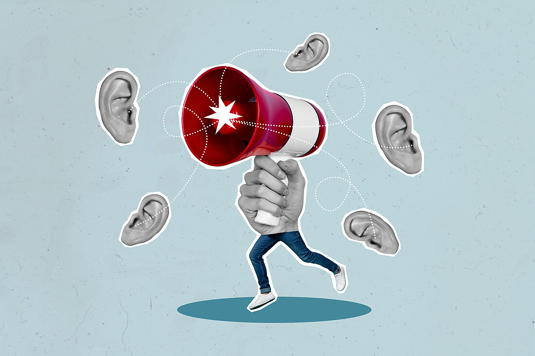 Collage portrait of black white effect arm hold loudspeaker run mini person legs communicate fake news ears listen isolated on drawing background
