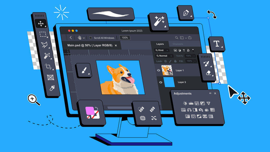 The Photo Editor Program is displayed on the computer. The display shows the Application for Editing Raster Images. Photography Footage montage. Pictures Editing Software Interface. Creating digital a